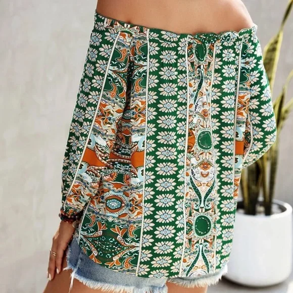 Boho Floral Print Off Shoulder Blouse - Picture 6 of 13